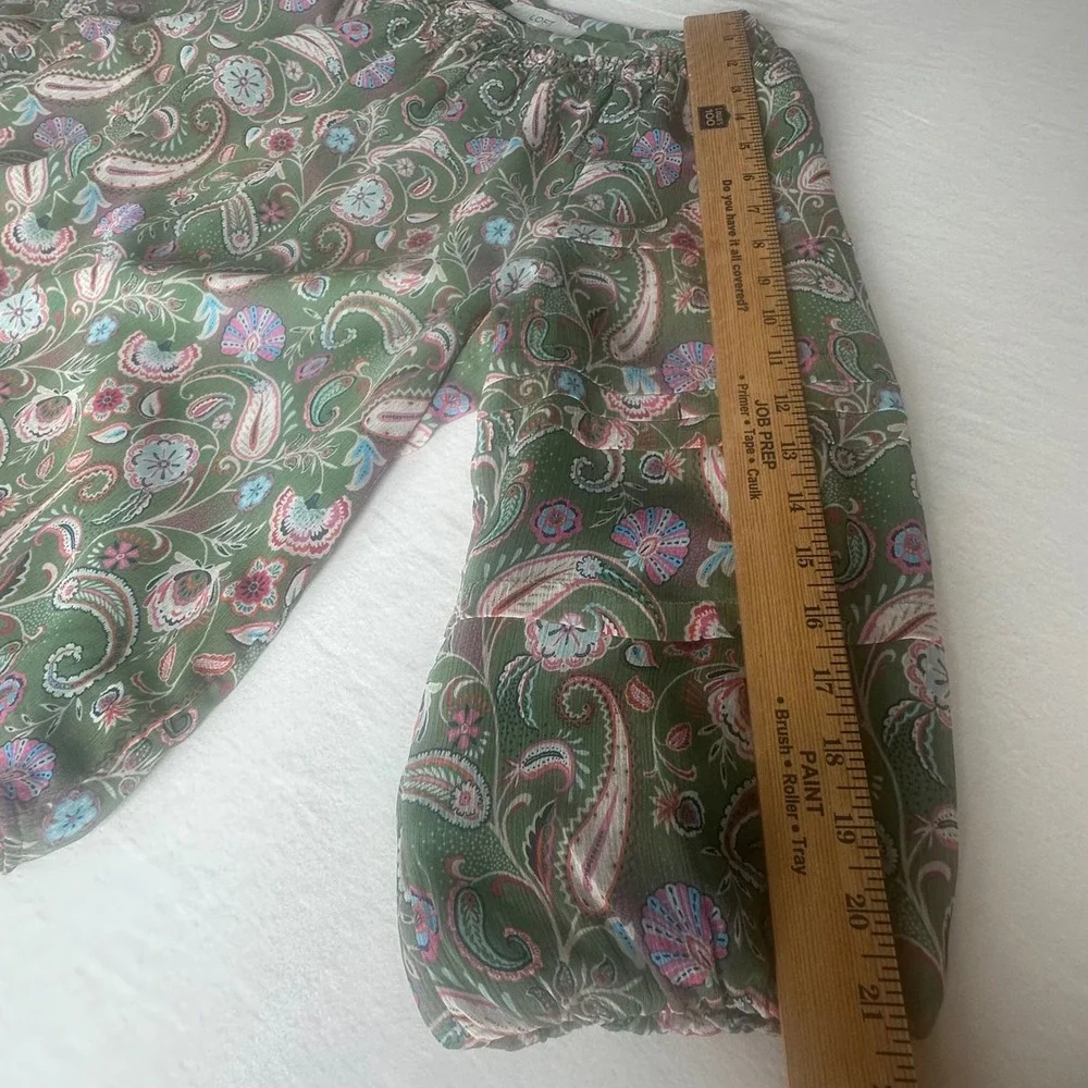 LOFT‎ Green Paisley Boho Smocked Neck Puff Sleeve Blouse Floral Top Women Size L